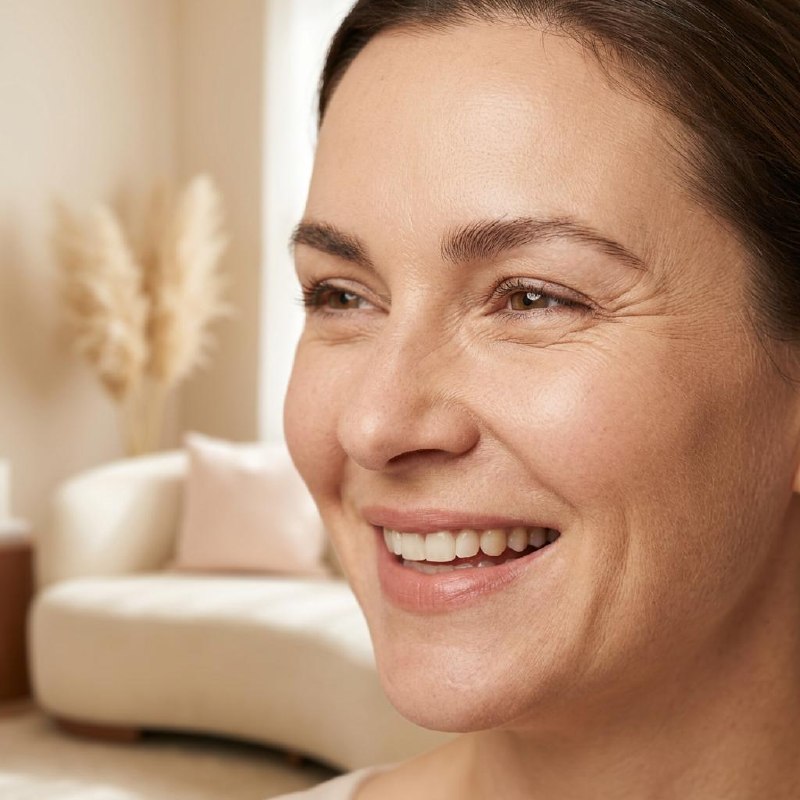 Smiling woman in her 40s showing natural crow’s feet at outer eye corners during consultation at Desert Bloom Scottsdale