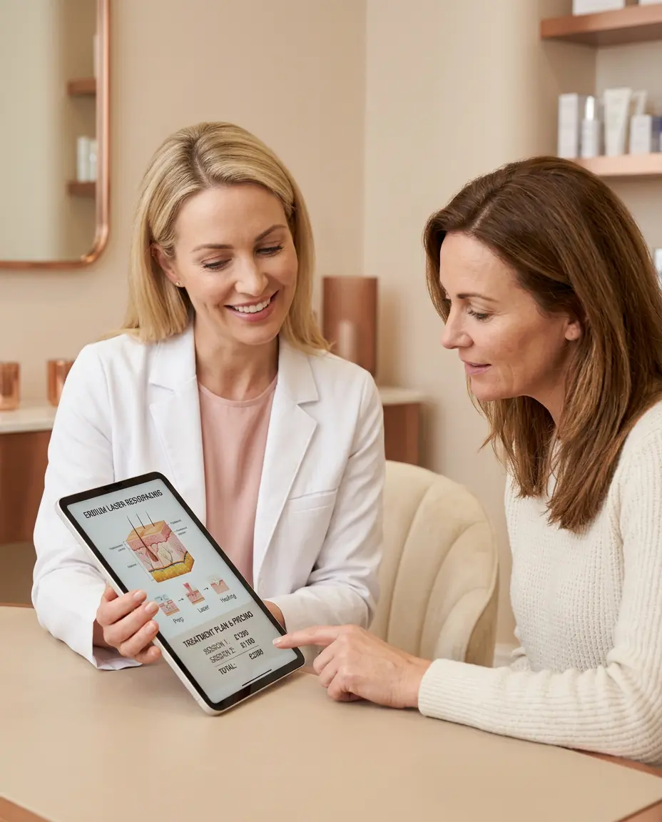 Provider reviewing an erbium laser resurfacing treatment plan with a patient at Desert Bloom Skincare, Scottsdale