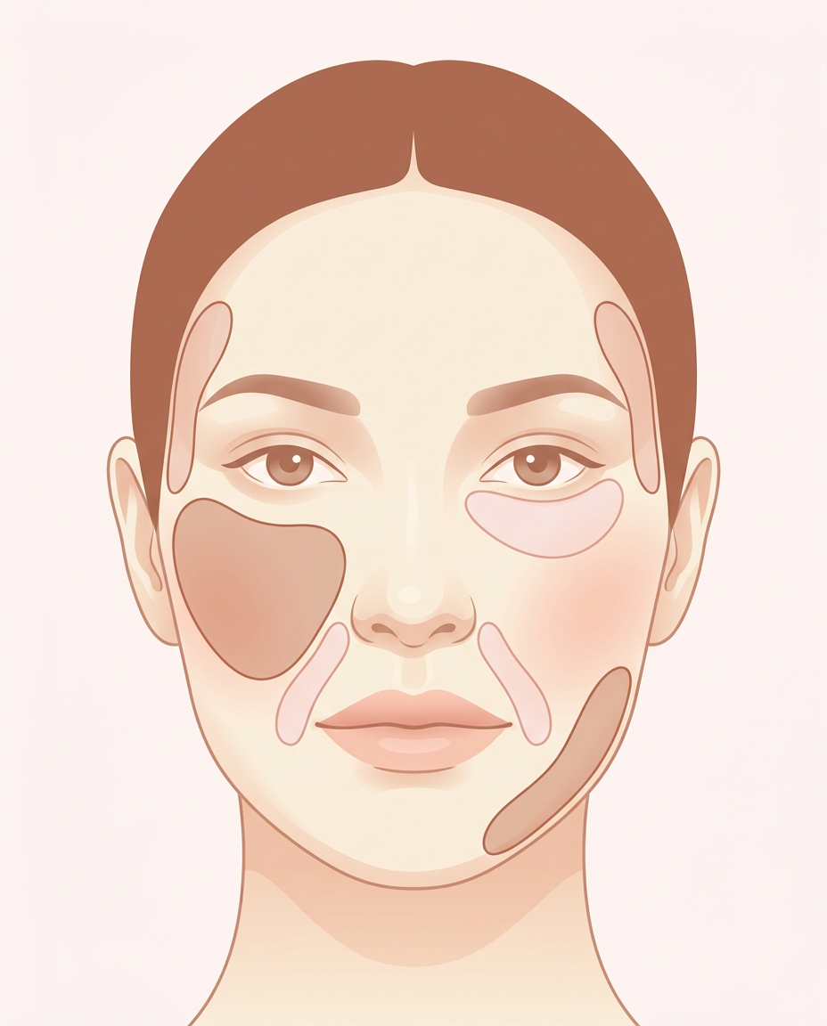 Illustrated facial zone map showing the cheeks, temples, under-eye area, nasolabial folds, and jawline where Mounjaro face volume loss appears