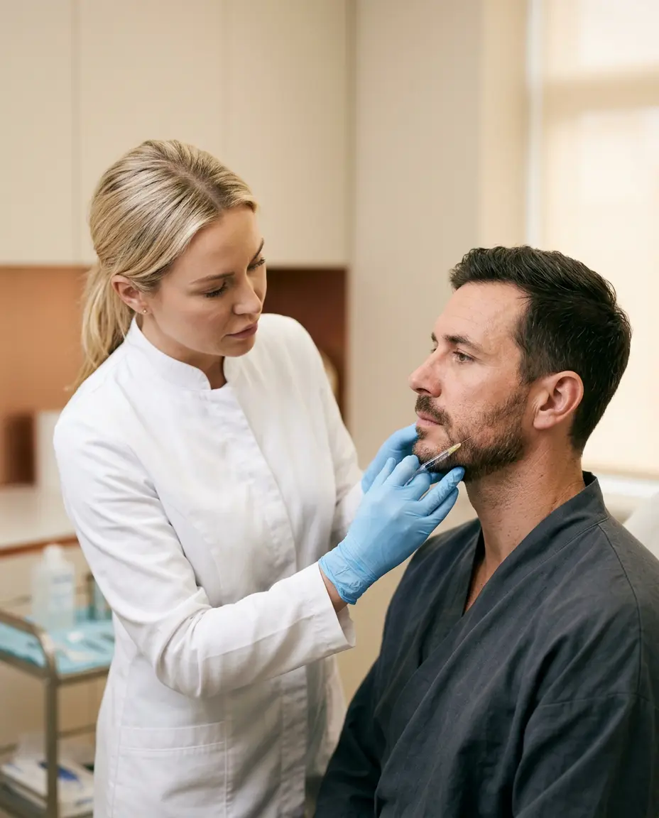 HA filler injection along the jawline for masculine contouring at Desert Bloom Skincare, Scottsdale