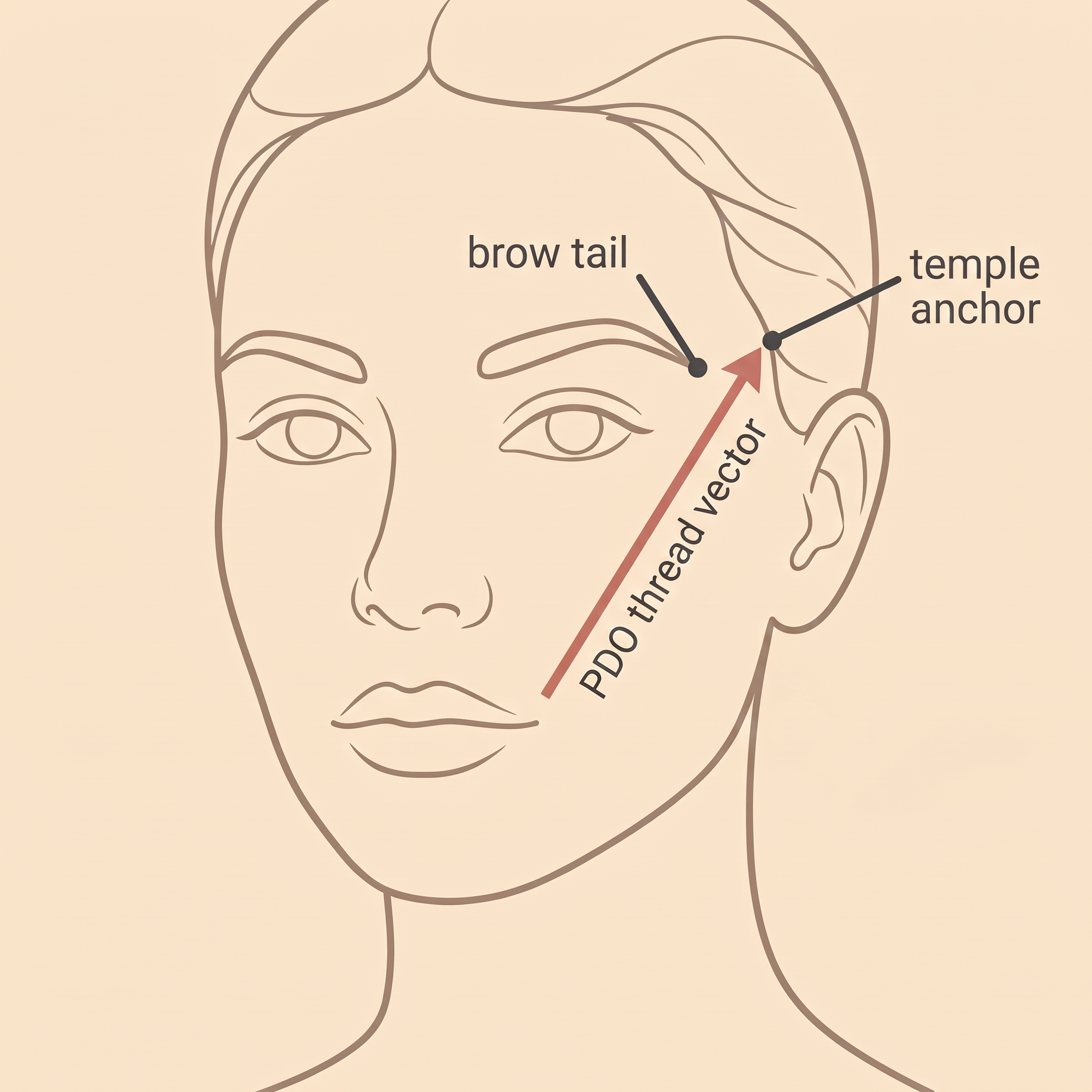Illustration of PDO thread placement vectors running from the temporal hairline toward the lateral brow