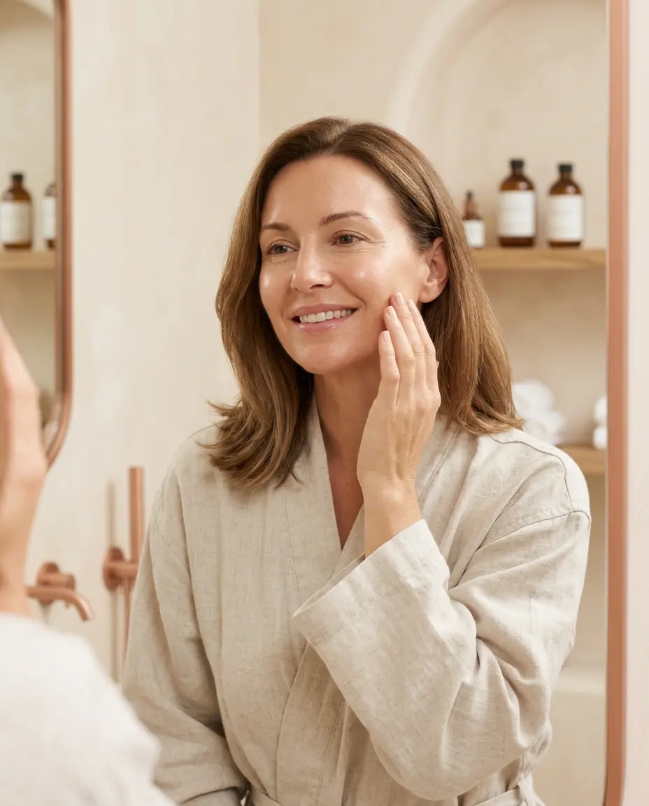 Woman with healthy, glowing skin, ideal candidate for the Glow-Up Upgrade at Desert Bloom Skincare, Scottsdale