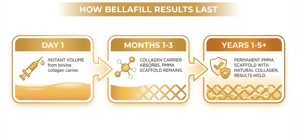 Bellafill results timeline — visible improvement at 30 days, full collagen response at 3 months, durable structural support at 5+ years at Desert Bloom Scottsdale