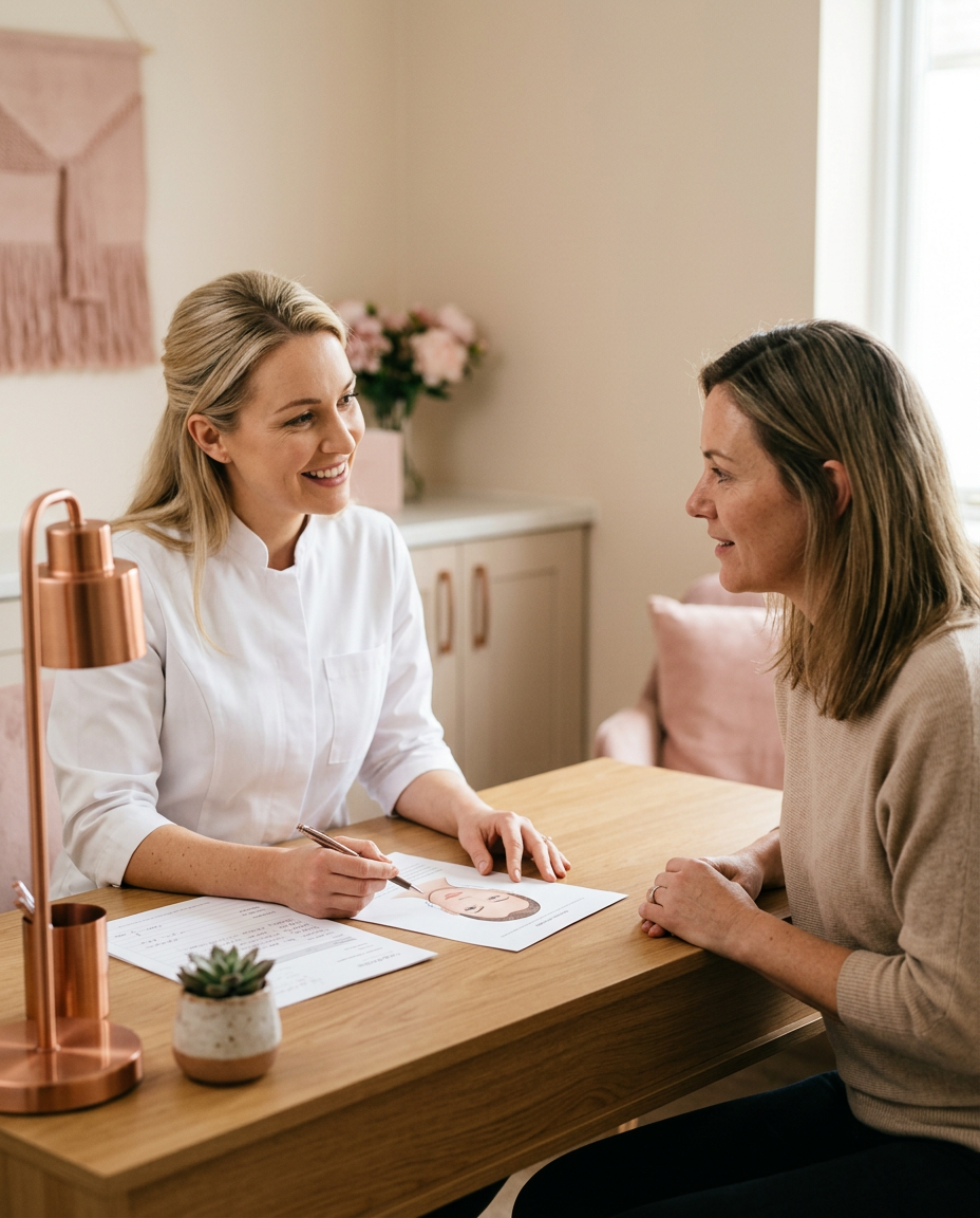 Provider reviewing a jawline filler treatment plan and quote with a patient at Desert Bloom Skincare, Scottsdale