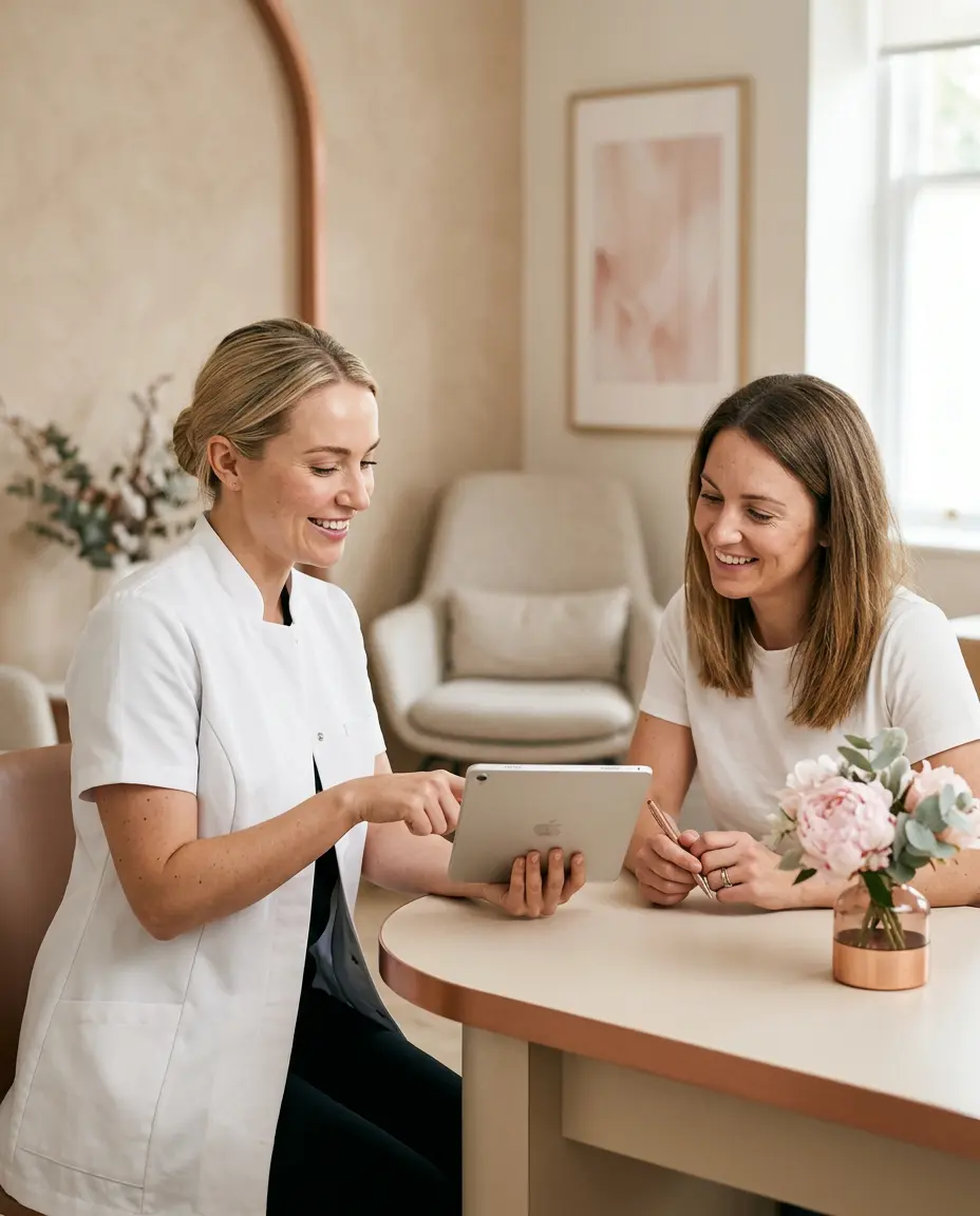 Provider reviewing a laser hair removal treatment plan and pricing with a patient at Desert Bloom Skincare, Scottsdale