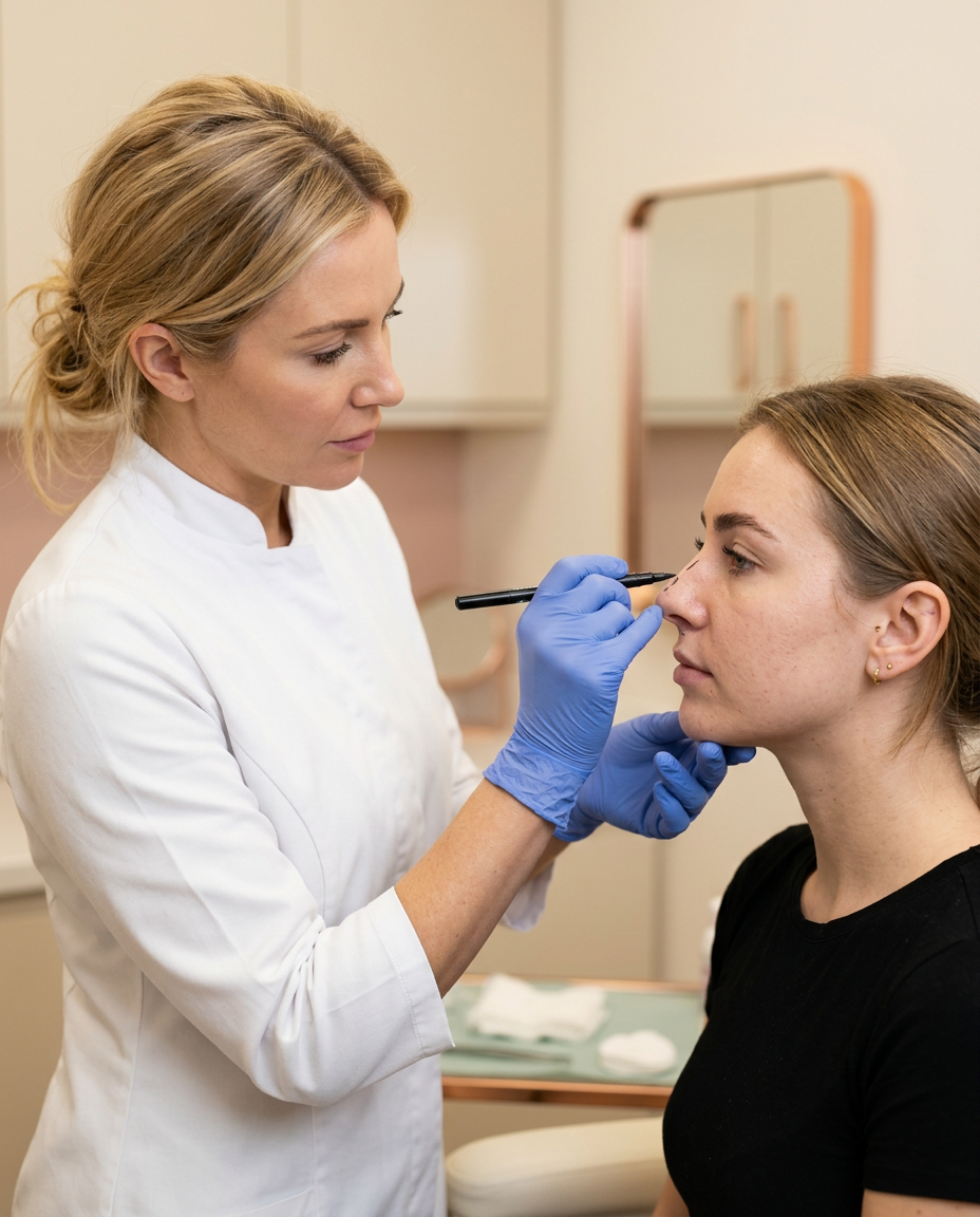 Provider assessing and marking the nose before a non-surgical liquid rhinoplasty at Desert Bloom Skincare, Scottsdale