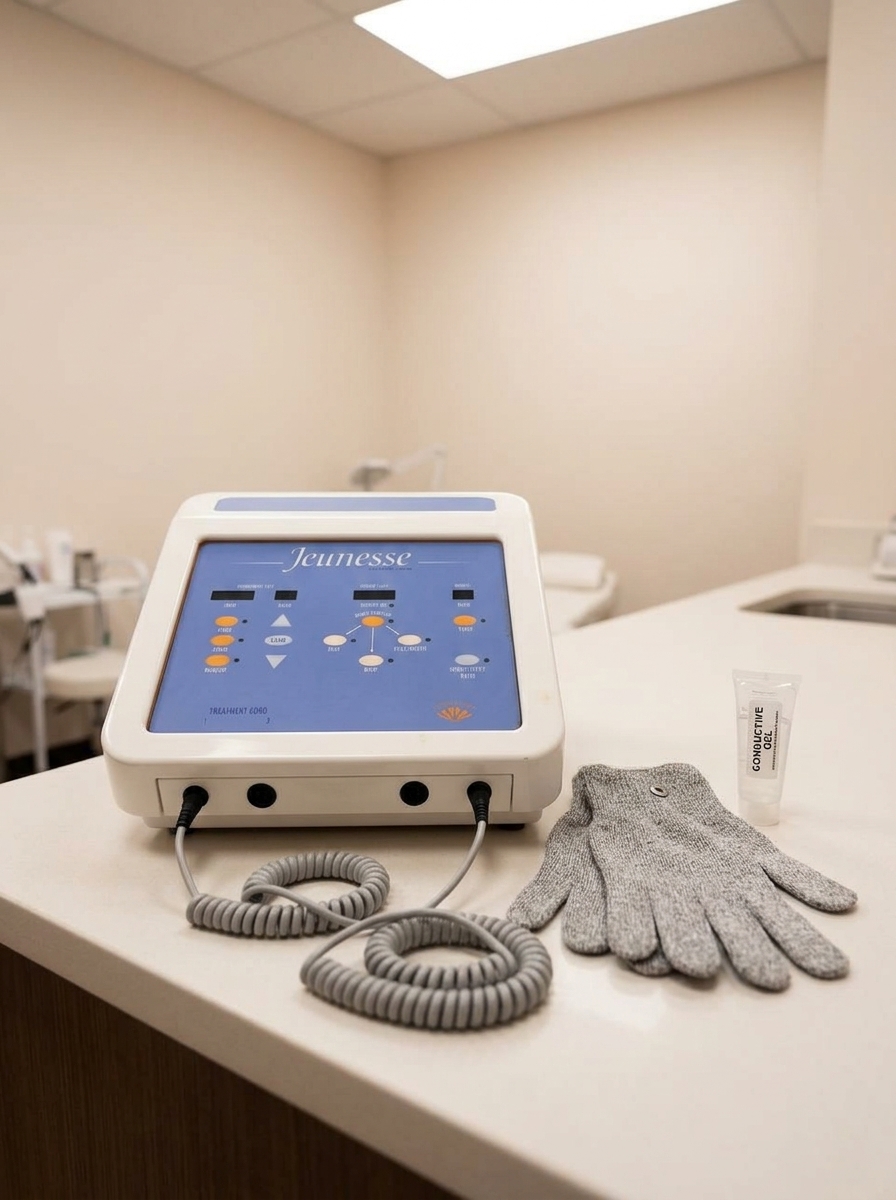 Clareblend Jeunesse microcurrent device with conductive gloves used at Desert Bloom Scottsdale for muscle-specific facial toning sessions.