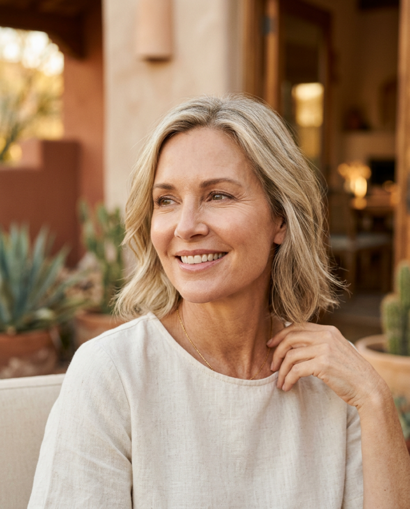 Refreshed woman in her 50s with a naturally lifted lower face in warm Arizona light, Desert Bloom