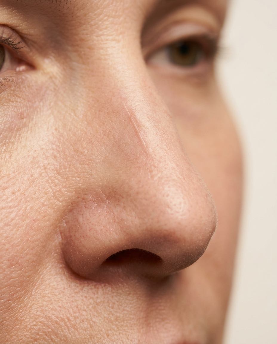 Close-up of nasal skin showing mild surface dimpling and puckering — a subtle pinch illustrating a possible thread-lift complication