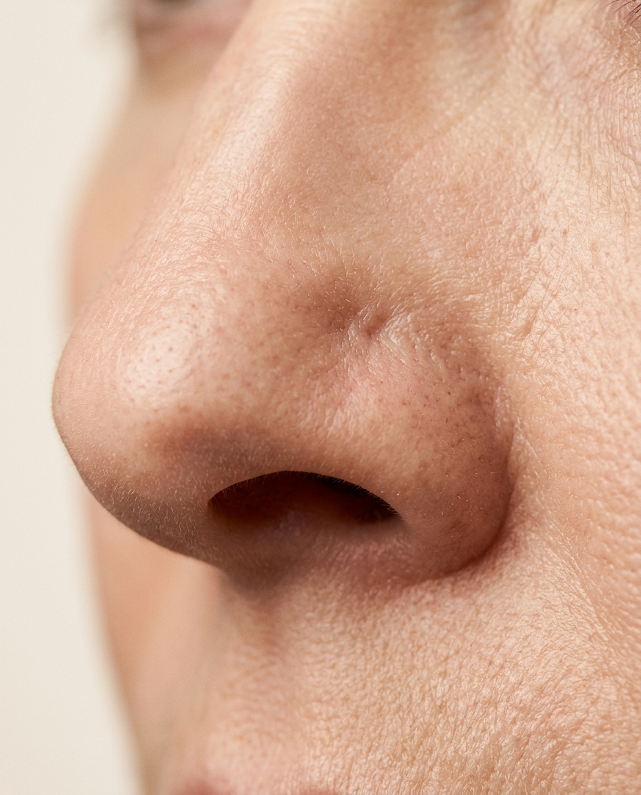 Close-up of a nose where a fine PDO thread sits too superficially — a faint ridge just visible under the skin, illustrating a thread-lift complication