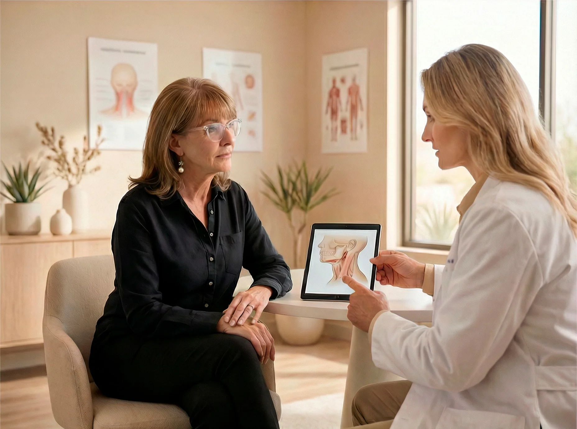69-year-old female physician at her consultation for a non-surgical neck lift and jawline restoration at Desert Bloom Scottsdale