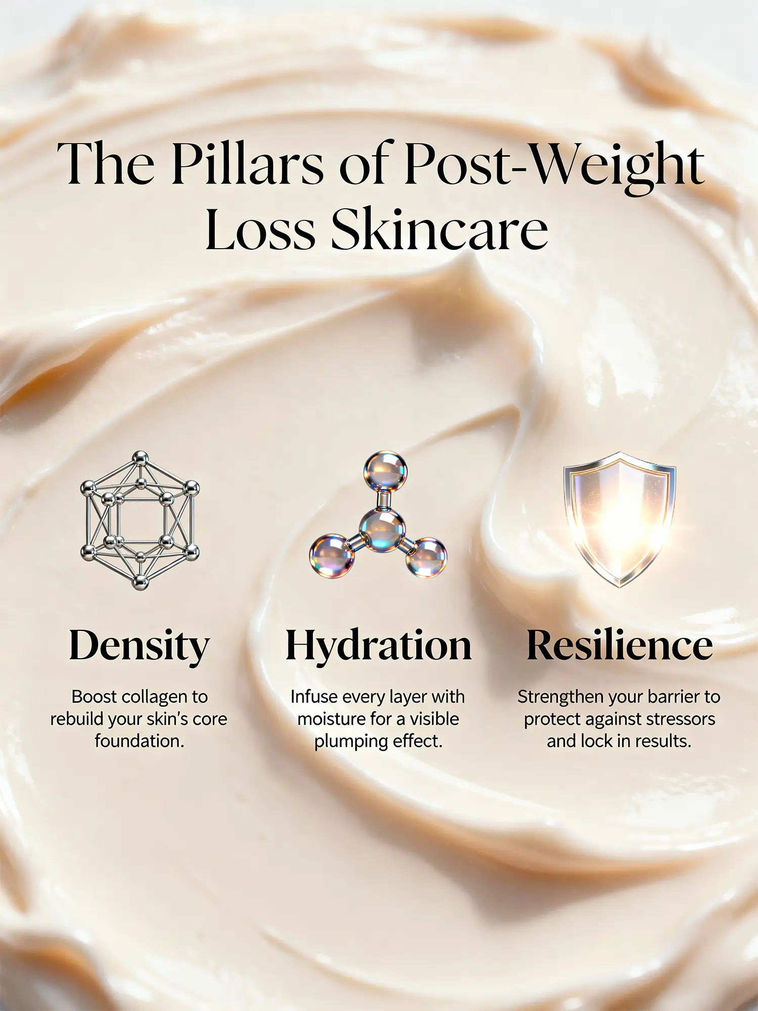 Infographic showing three pillars of post-weight-loss skincare: density, hydration, and resilience