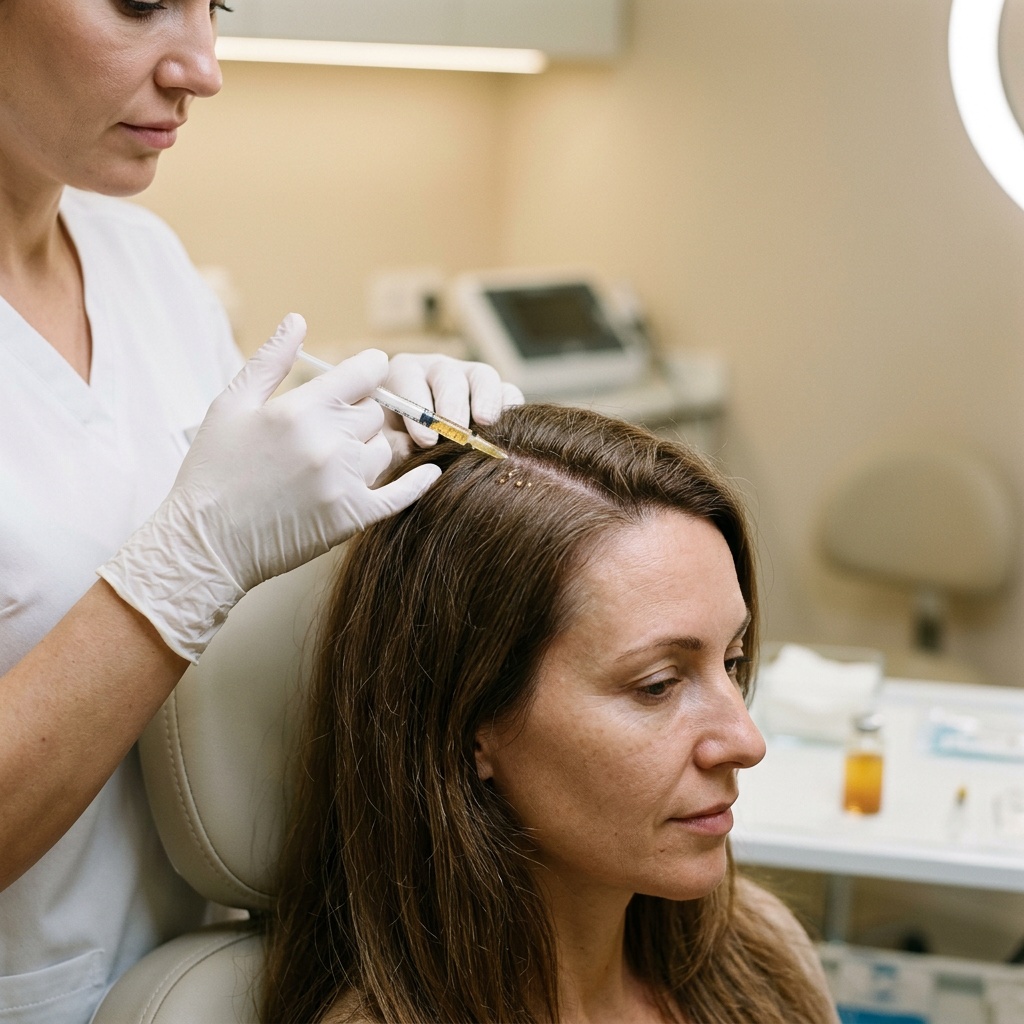 Clinician in white gloves injecting platelet-rich plasma (PRP) into a woman's scalp along the hair part line for hair rejuvenation at Desert Bloom Skincare in Scottsdale