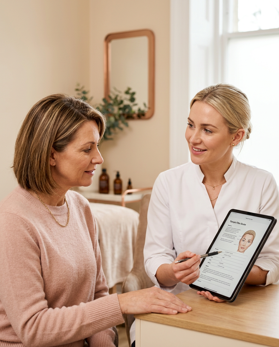 Provider reviewing a temple filler treatment plan with a patient at Desert Bloom Skincare, Scottsdale