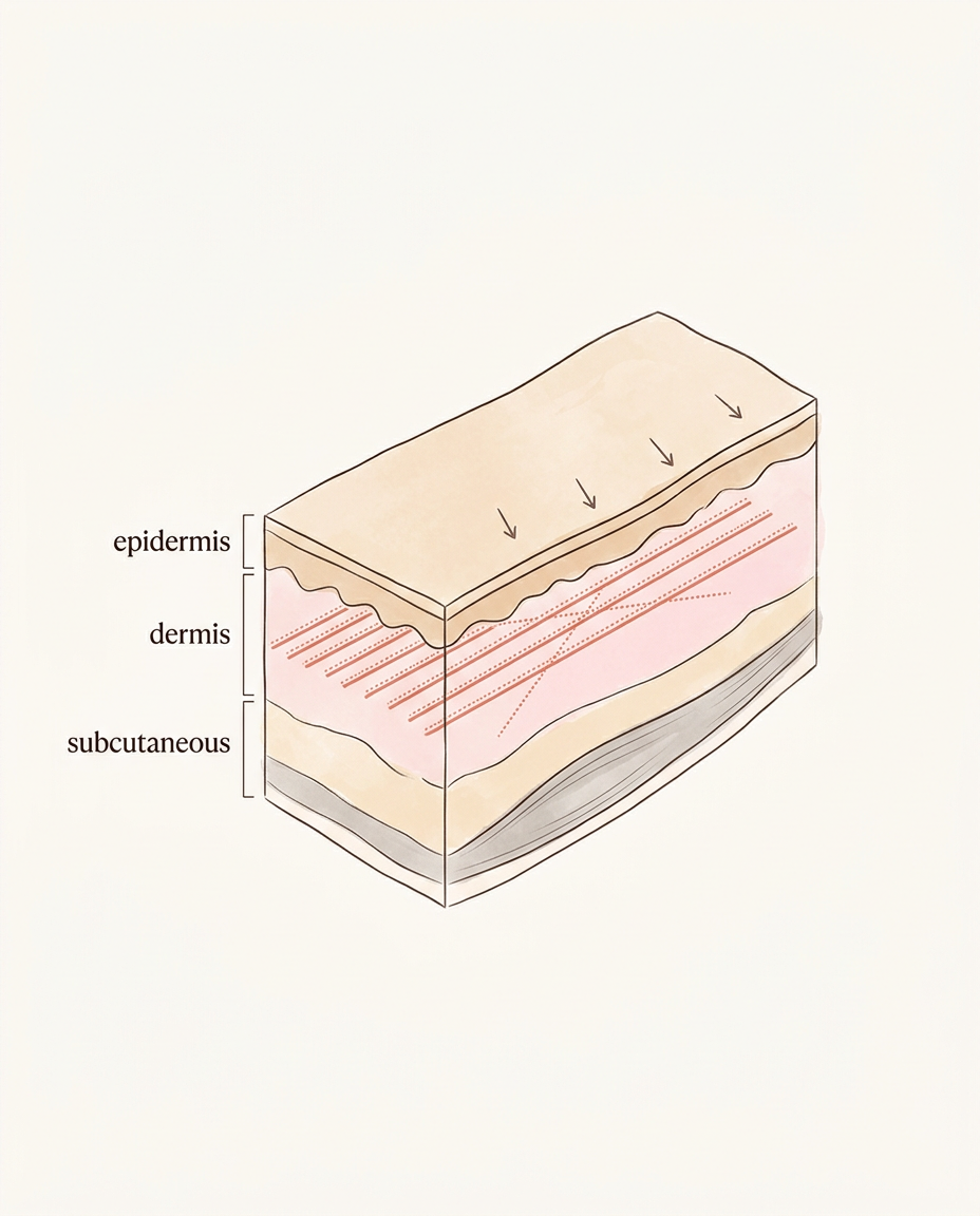 Anatomy cross-section showing PDO mono threads placed in the dermal layer under the under-eye skin — epidermis, dermis, subcutaneous layers labeled