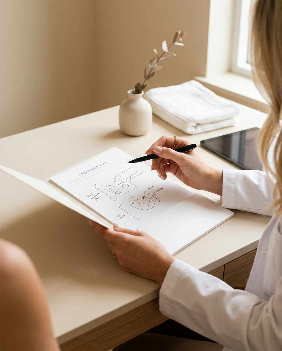 Doctor sketching a personalized Under-Eye PDO treatment plan during cost consultation at Desert Bloom Scottsdale