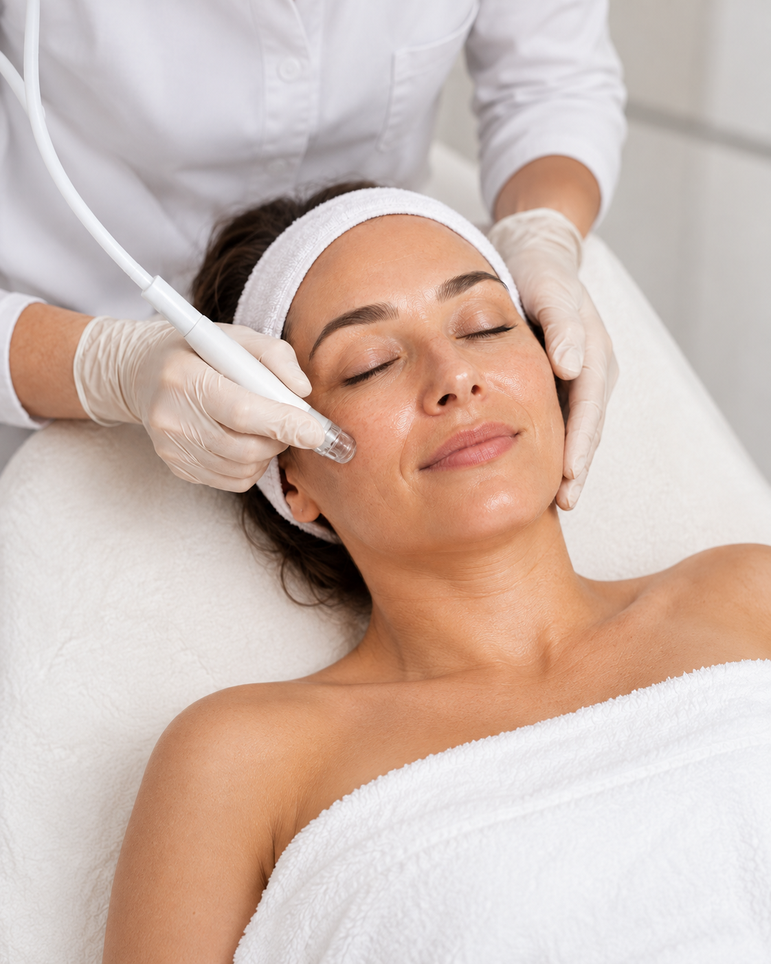 Woman receiving a hydrating facial treatment with a handheld skincare device.
