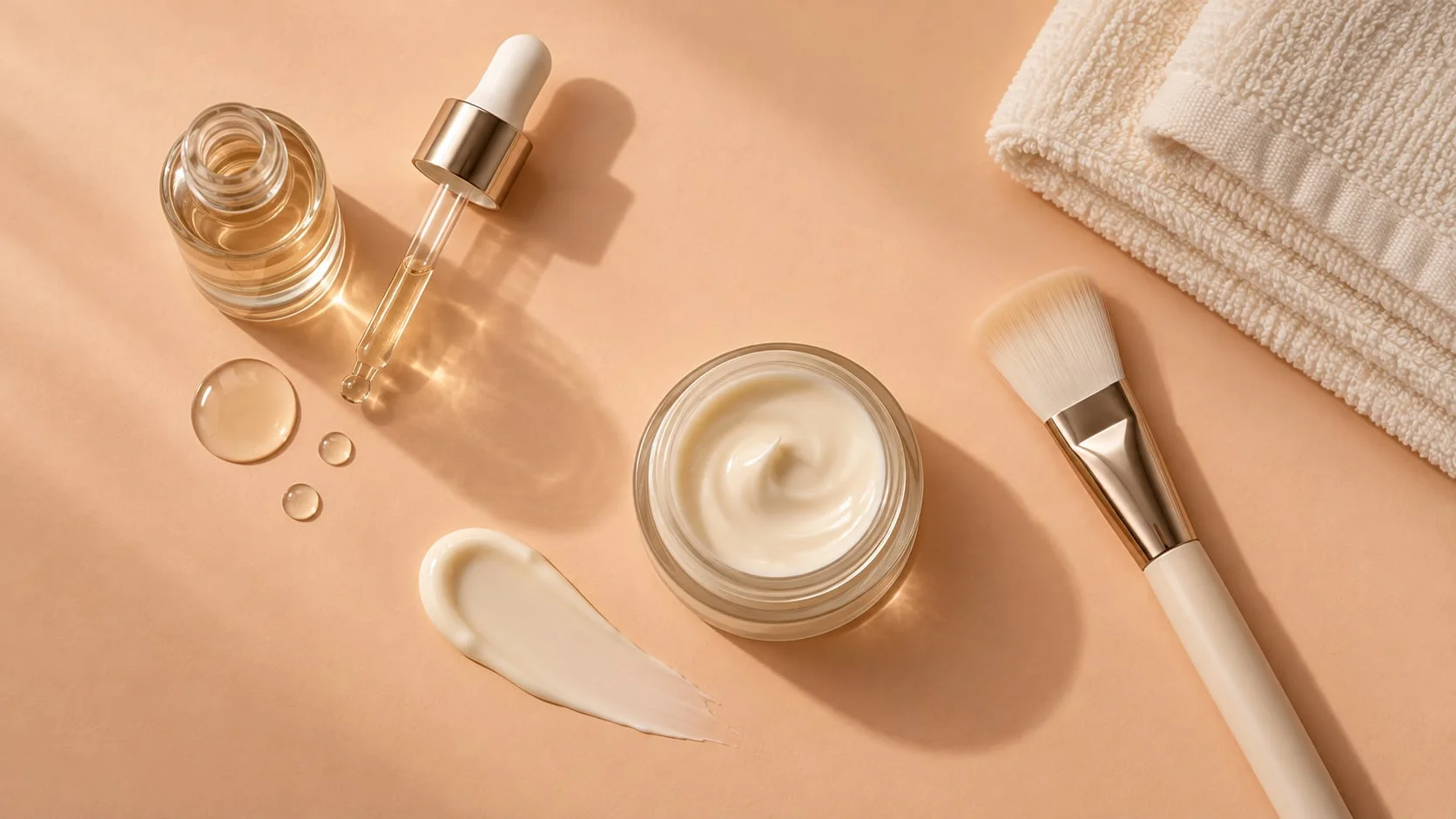 Skincare serum, moisturizer, facial brush, and folded towels on a peach surface.